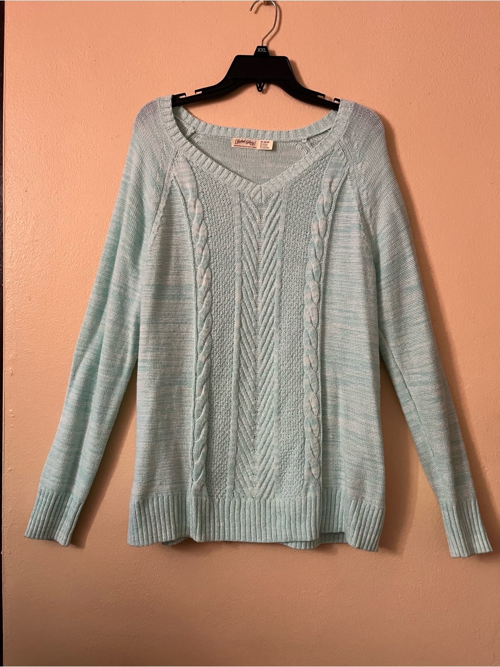 Faded Glory Mint Green Cable Knit V-Neck Sweater XL 16-18